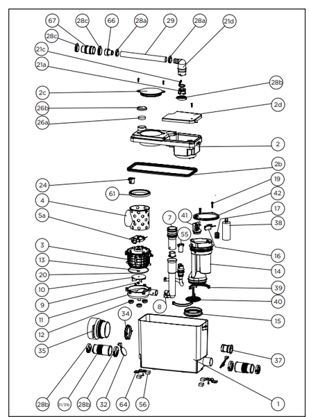 Explosionszeichnung einer Hebeanlage mit nummerierten Ersatzteilen wie Gehäuse, Pumpe, Rohranschlüssen und Dichtungen.