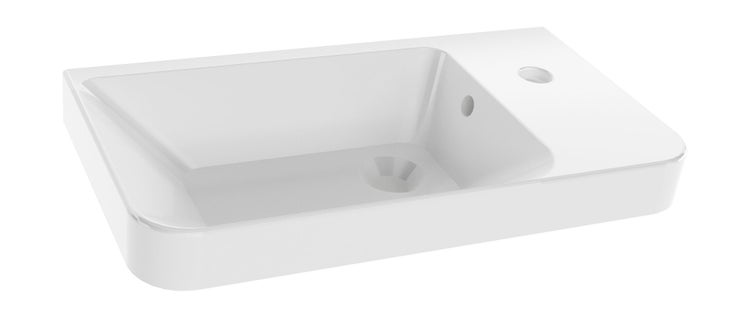 FACKELMANN MILANO Gäste WC Set 5 Teile / Waschbecken / Waschbeckenunterschrank / Waschbeckenbeleuchtung / Armatur / LED-Spiegel / Badmöbel Set / Korpus: Braun hell / Front: Weiß / Breite: 55 cm