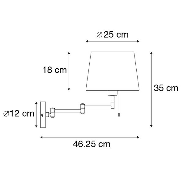 Maße Wandleuchte: Höhe 35 Zentimeter, Breite 46,25 Zentimeter, Schirmdurchmesser 25 Zentimeter, Wandhalterung Durchmesser 12 Zentimeter.