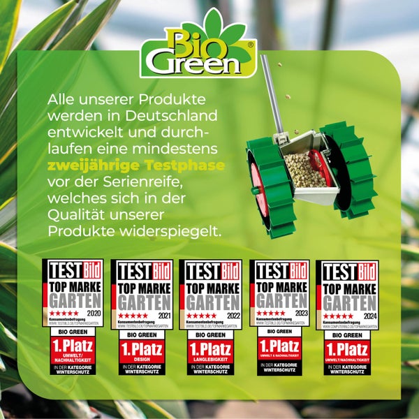 Bio Green Logo, Informationen zur Qualität, Saatgutstreuer und Test Bild Auszeichnungen als Top Marke Garten für Winterschutz von 2020 bis 2024.