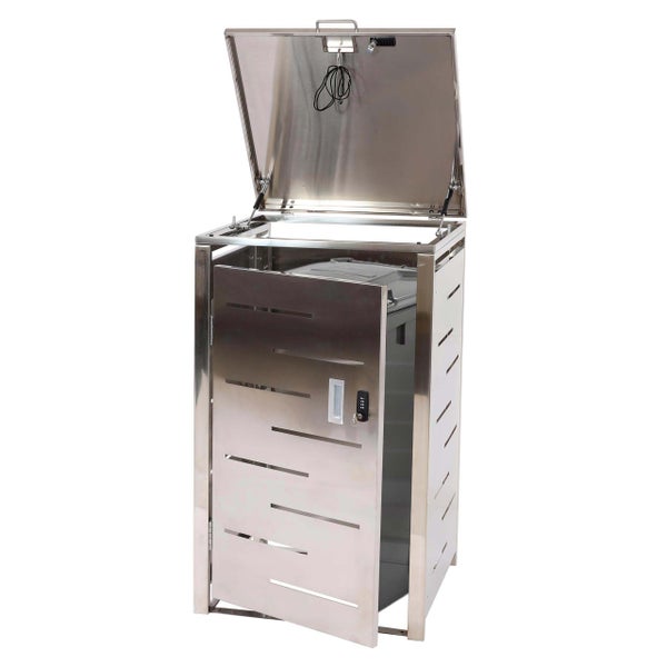 Mülltonnenbox aus Edelstahl mit Zahlenschloss und geöffneter Tür