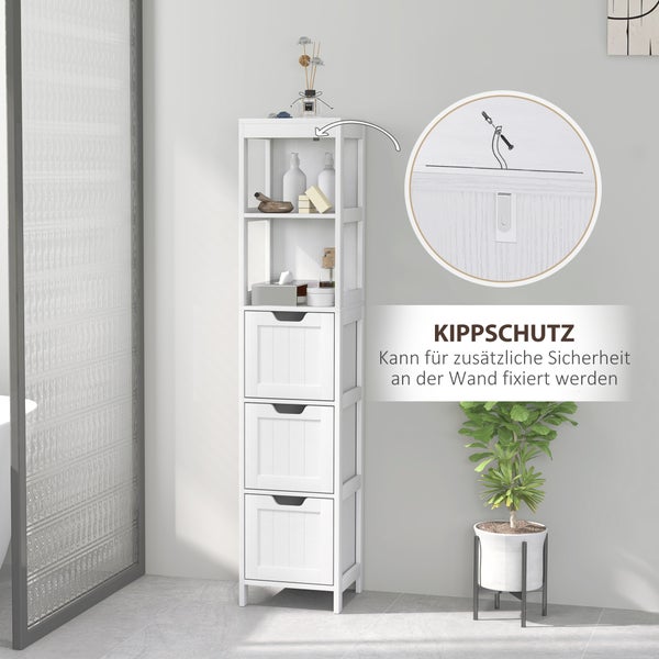 HOMCOM Badezimmerschrank Badschrank, Bad Hochschrank mit 3 Schubladen, 2 offenen Fächern, Aufbewahrungsschrank für Badezimmer, Wohnzimmer, Weiß, 30 x 30 x 142,4 cm