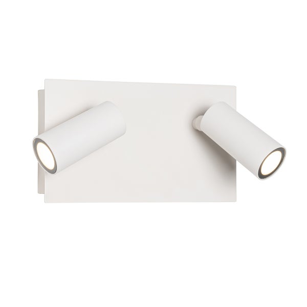 Zweiflammiger Wandstrahler in Weiß mit rechteckiger Grundplatte und zwei verstellbaren, zylinderförmigen Spotköpfen.