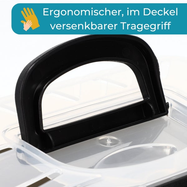 Detailansicht eines transparenten Aufbewahrungskoffers mit schwarzem Tragegriff