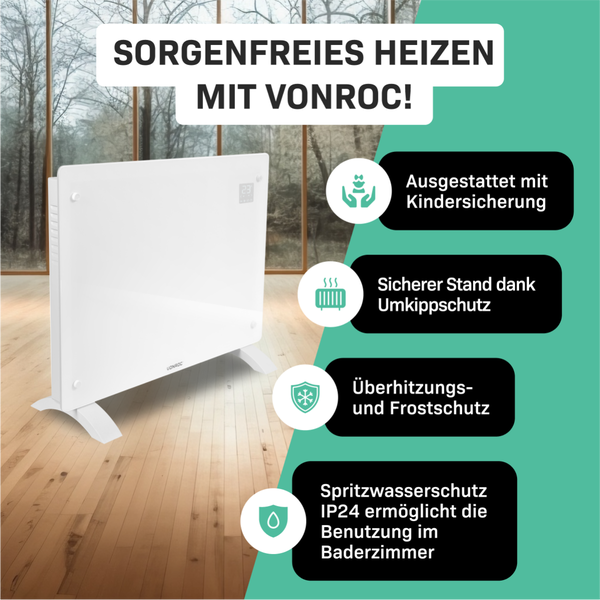 Weiße VONROC Heizung mit Kindersicherung, Kippschutz, Überhitzungsschutz, Frostschutz und Spritzwasserschutz IP24