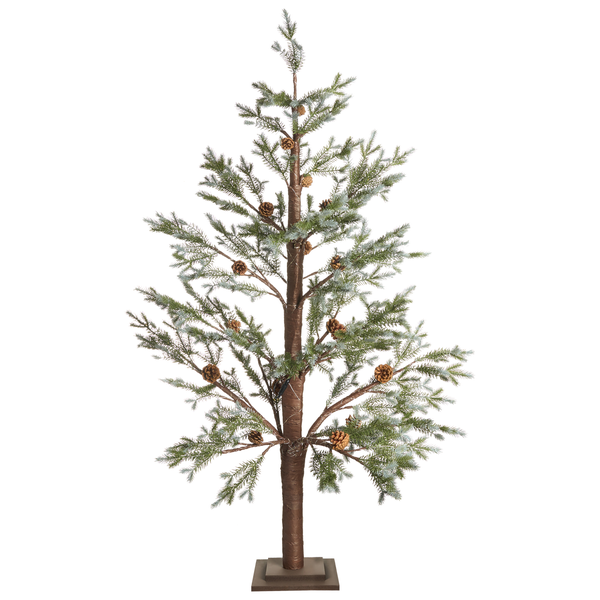 Künstlicher Weihnachtsbaum in Grün mit braunem Stamm, dekoriert mit Tannenzapfen, auf einem quadratischen Standfuß.