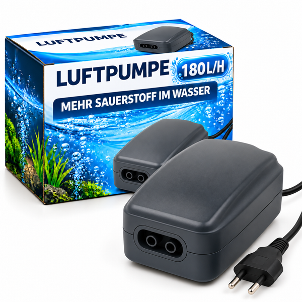 Aquarium Luftpumpe mit einer Leistung von 180 Litern pro Stunde vor der Produktverpackung