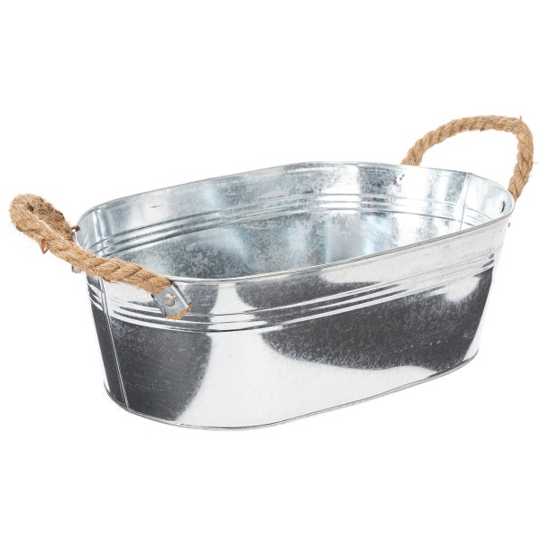 Ovale Zinkschale mit zwei Kordelgriffen, geeignet als Pflanzgefäß oder Dekoschale.