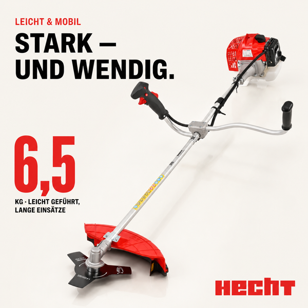Benzin-Motorsense von Hecht mit Zweihandgriff, Schneidblatt und einem Gewicht von 6,5 Kilogramm. Hecht Logo.