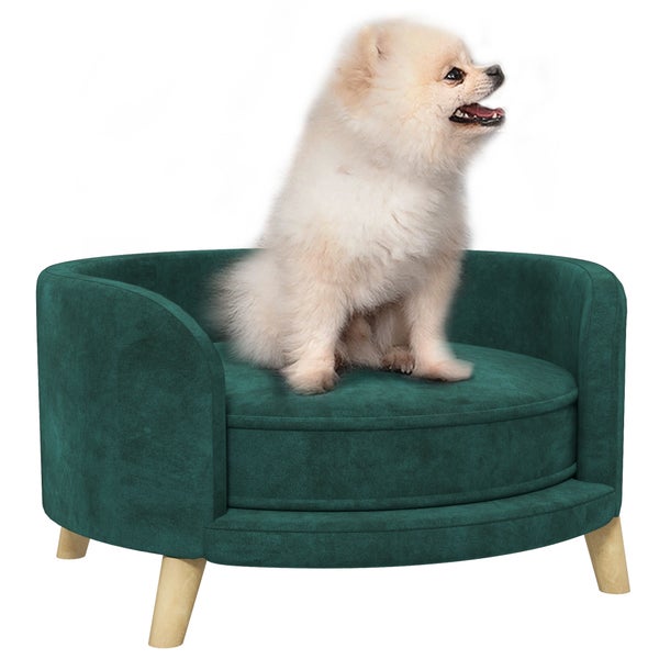 PawHut Hundesofa, Haustiersofa mit Samtoptik, Katzensofa mit Kissen, Hundebett, Hundecouch mit Erhöhtem Design, Hundesessel mit Holzbeine, Grün, 68 x 68 x 35 cm