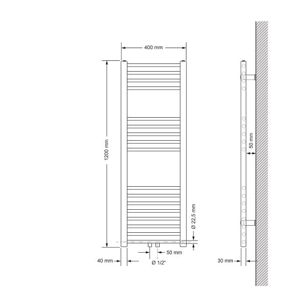 ECD Germany Badheizkörper Mittelanschluss 400 x 1200 mm Weiß gerade mit Thermostat und Anschlussgarnitur Durchgang Boden Weiß - Heizkörper Heizung Handtuchwärmer Handtuchtrockner Handtuchheizkörper