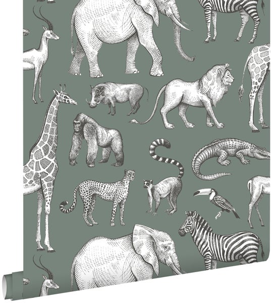 Tapete mit Tiermuster inklusive Elefanten, Zebras, Giraffen und Löwen