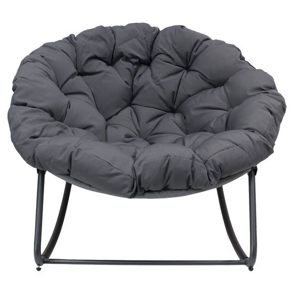 Loungesessel mit rundem grauen Polster und schwarzem Metallgestell.
