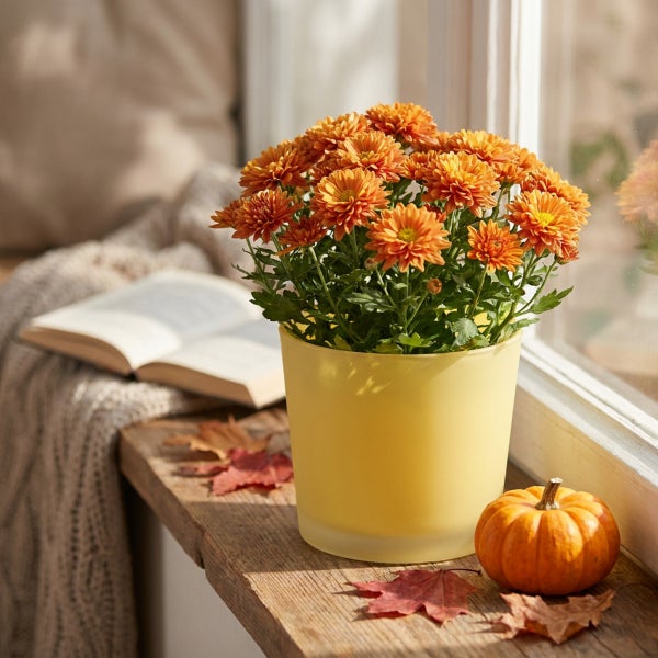 Herbstliche Dekoration mit Chrysanthemen in einem Topf auf einer Fensterbank zusammen mit einem Kürbis und einem Buch.