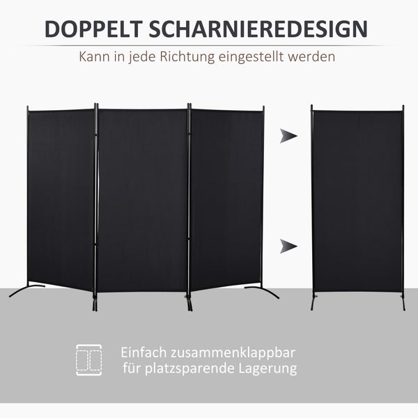 Schwarzer dreiteiliger Paravent mit doppeltem Scharnierdesign, einfach zusammenklappbar für platzsparende Lagerung.