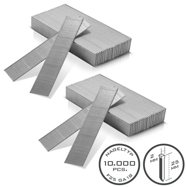 Stauchkopfnägel Typ F25 Gauge 18, 10000 Stück, Länge 25 Millimeter, Kopfbreite 2 Millimeter.