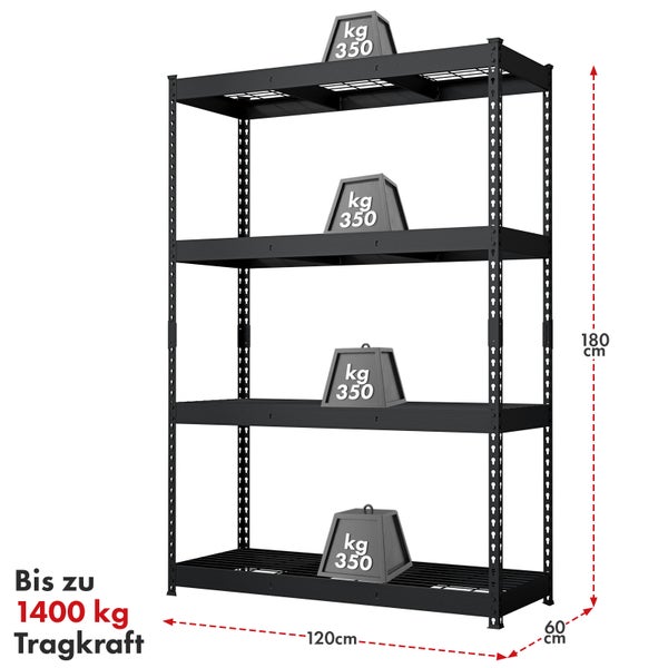Schwarzes Schwerlastregal mit vier Ebenen und Gewichten zur Darstellung der Tragfähigkeit