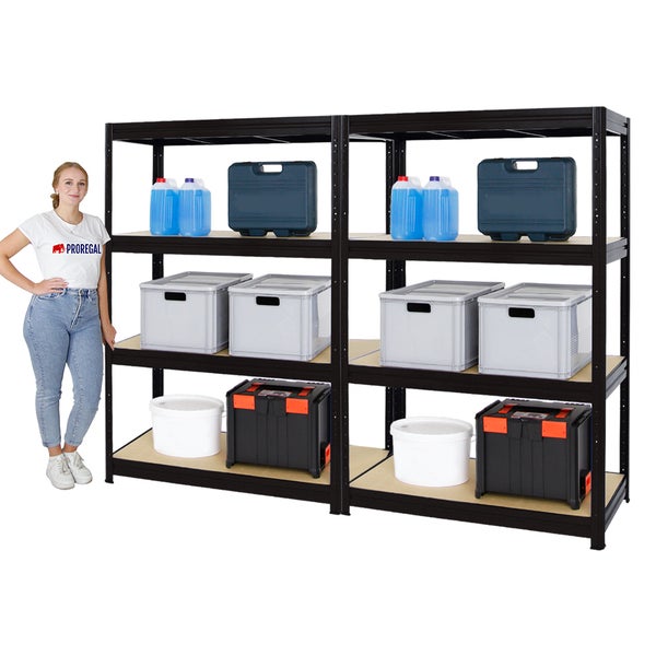 PROREGAL Mega Deal 2er-Sparset Profi-Schwerlastregal DINO HxBxT 180x120x60cm Fachlast 600kg Schwarz
