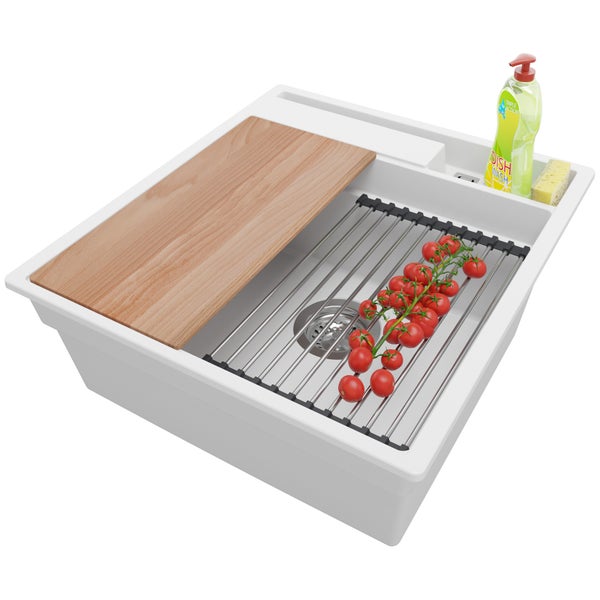 PRIMAGRAN Spülbecken Weiß 48x53cm, Granitspüle 1 Becken + Ablauf-Set + Küchenzubehörset, Küchenspüle ab 50er Unterschrank - Oslo Pocket
