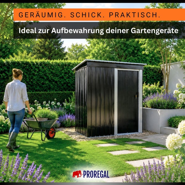 ProRegal Metall-Gerätehaus im Garten mit Frau und Schubkarre. Ideal zur Aufbewahrung von Gartengeräten. ProRegal Logo.