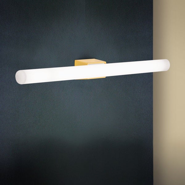 Moderne LED Spiegelleuchte mit zylindrischem Diffusor und eckiger Wandhalterung in Metalloptik zur Beleuchtung im Badezimmer.