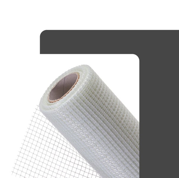 Rolle weißes Glasfaser-Armierungsgewebe für Verputzarbeiten und Wandbau mit feiner Gitterstruktur.