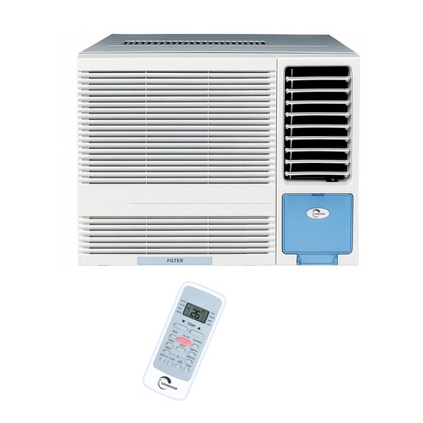 Fensterklimagerät Sannover mit Fernbedienung, weiß mit blauem Element und Lüftungsschlitzen.