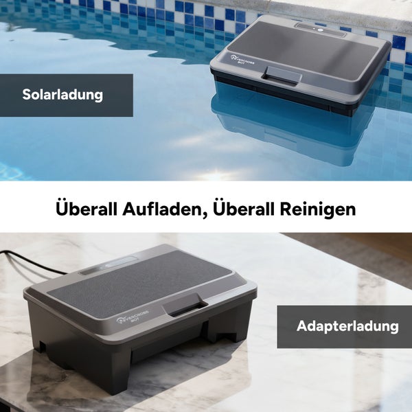 Evercross Bot Poolroboter mit zwei Ladefunktionen: Solarladung schwimmend im Pool und Adapterladung mit Kabel auf einer Arbeitsfläche.