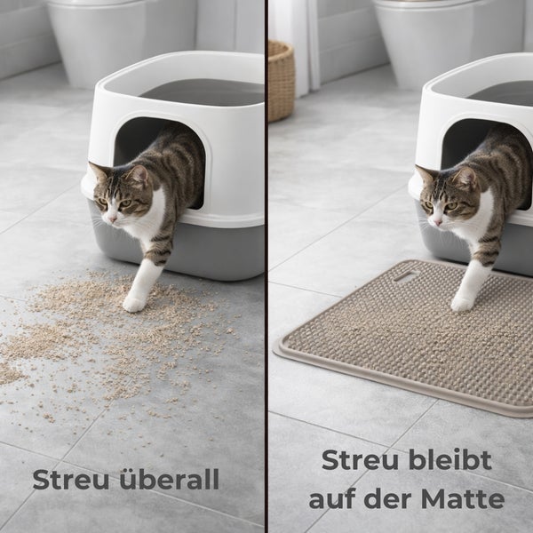 Vergleich: Katze verlässt Katzenklo ohne und mit Vorlegematte. Die strukturierte Matte fängt Katzenstreu auf und hält den Boden sauber.