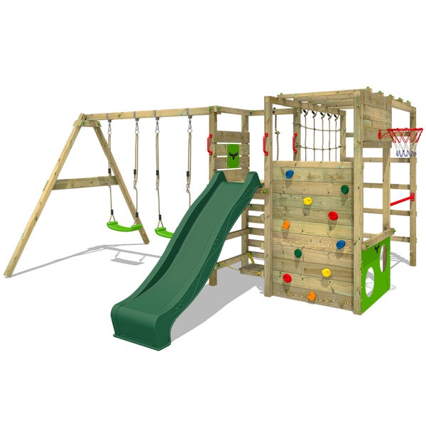FATMOOSE Klettergerüst Spielturm ActionArena mit Schaukel und Rutsche, Gartenspielgerät mit Leiter und Spiel-Zubehör - grün
