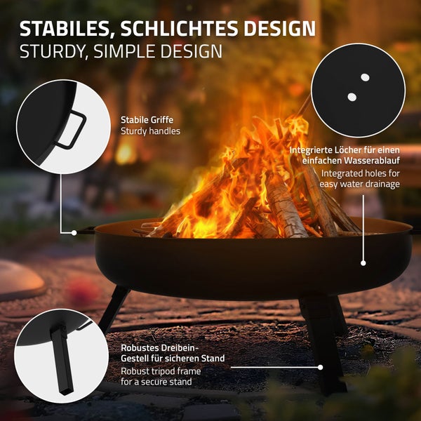 ECD Germany Feuerschale Ø60 x 27 cm mit 3 klappbaren Füßen, Dreibein Feuerstelle für den Garten, Stahl Feuerkorb rund mit 2 Griffen & 2 Entwässerungslöcher, Outdoor Eisenschale Feuertonne BBQ Camping