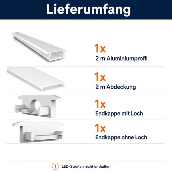 Lieferumfang von zwei Meter Aluminiumprofil für LED Streifen inklusive Abdeckung sowie zwei Endkappen mit und ohne Loch ohne LED Leuchtmittel