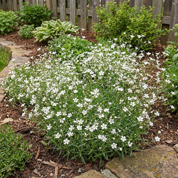 Buschige Gartenpflanze mit vielen kleinen weißen Blüten und schmalen grünen Blättern in einem Beet mit Rindenmulch.