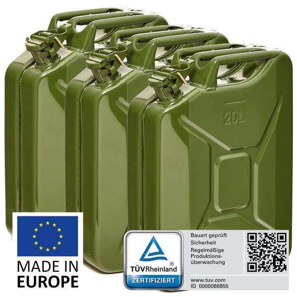 BW® Kraftstoffkanister Metall Benzinkanister 3x 20 Liter - Olivgrün - RAL 6003 - TÜV-geprüft und UN-Zulassung - Made in Europe