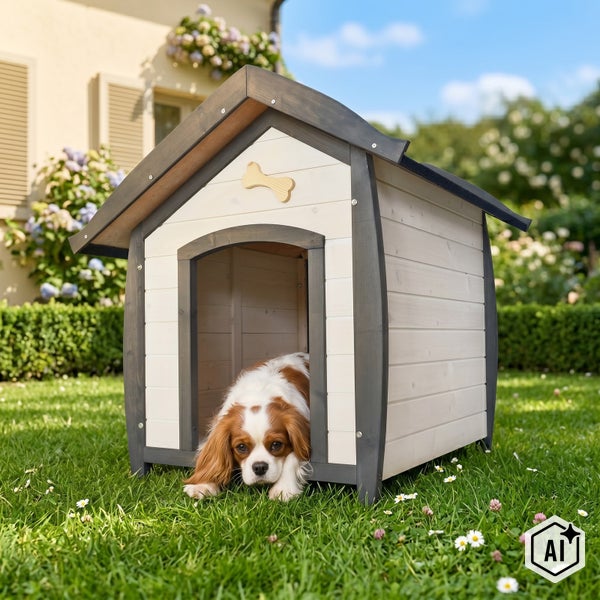 Hundehütte aus Holz mit Spitzdach und Knochenapplikation auf einer Wiese vor einem Haus