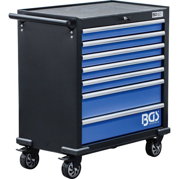 Schwarzer Werkstattwagen von BGS Technic mit sieben blauen Schubladen, Schiebegriff und Rollen.