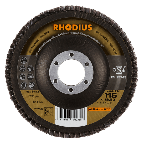 RHODIUS Fächerscheibe LSZ F2, 5 Stück, 115 x 22,23 mm, Korn 60, für Edelstahl, Stahl, Metall, ALPHAline