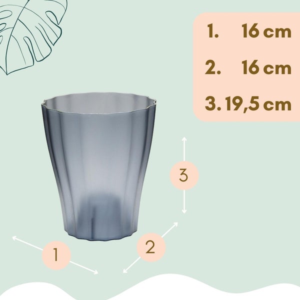 Blumentopf mit den Maßen 16 cm, 16 cm und 19,5 cm.