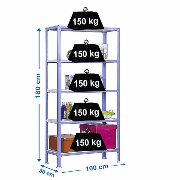 Schwerlastregal mit 5 Fachböden, Traglast 150 Kilogramm pro Boden, Maße 180 mal 100 mal 30 Zentimeter.