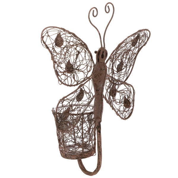 Wanddekoration Schmetterling aus Metall mit Teelichthalter und Glaseinsatz, filigranes Drahtgeflecht.