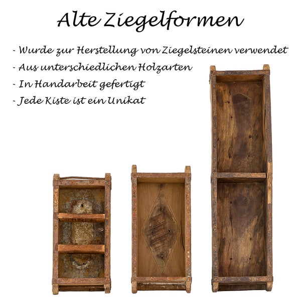 Drei Ziegelformen aus Holz unterschiedlicher Größe
