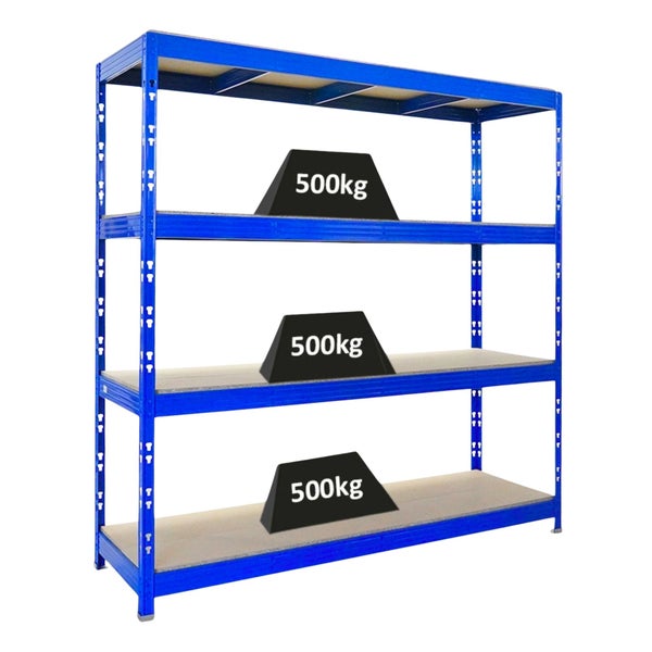 Blaues Schwerlastregal mit 4 Böden, Tragkraft 500 Kilogramm pro Boden.