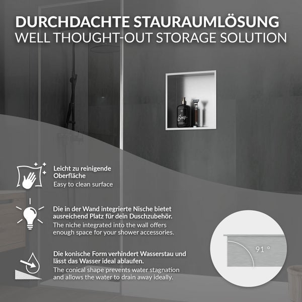 Wandintegrierte Duschnische mit Seifenspender. Abbildung zeigt leicht zu reinigende Oberfläche und 91 Grad Neigung für optimalen Wasserablauf.