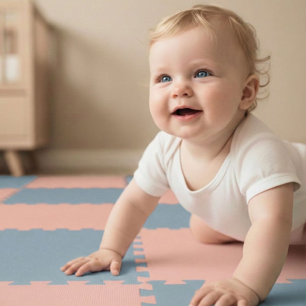 Ein Baby krabbelt auf einer Puzzlematte aus weichem Schaumstoff in einem hellen Zimmer.