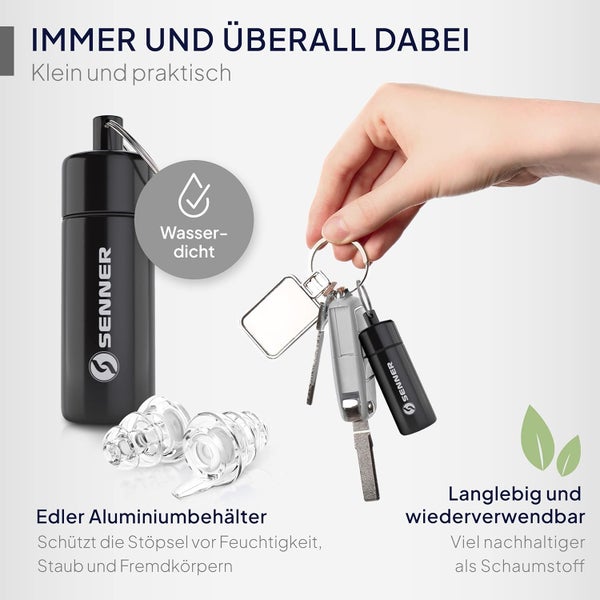 Senner MusicPro - Gehörschutz Ohrstöpsel Konzert, Festival, Musik und Party - Gehörschutz für Musiker, mit Schlüsselanhänger - Hi-Fi Gehörschutzstöpsel Earplugs | SNR 20 dB, clear/transparent