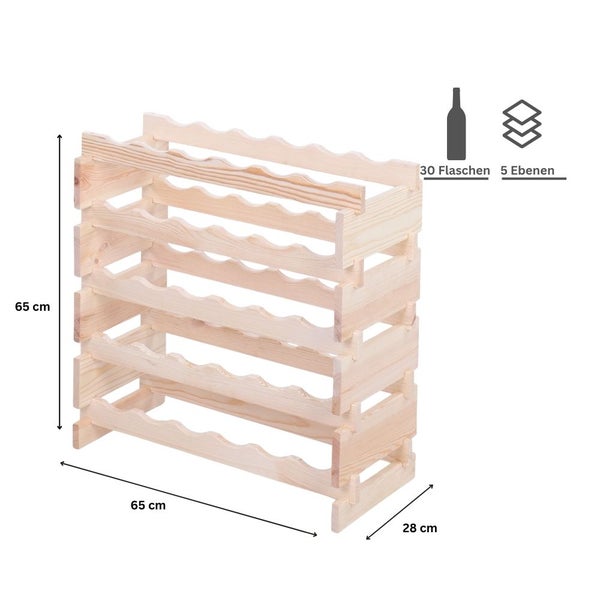 Weinregal VINOTECA FLEX PRO HxBxT 65x65x28cm 30 Flaschen auf 5 Ebenen Massives Kiefernholz Natur unbehandelt