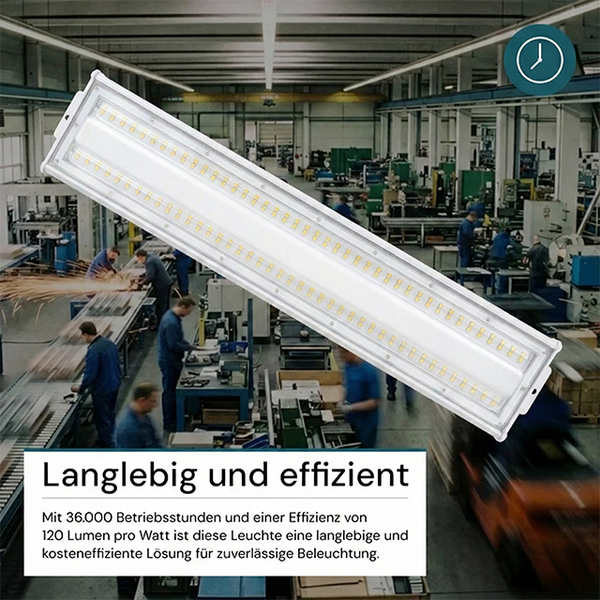 Industrielle LED-Leuchte für Werkstätten, langlebig mit 36.000 Betriebsstunden und effizient mit 120 Lumen pro Watt.