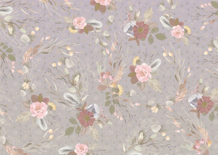 Blumenmuster-Tapete mit Rosen, Blättern und Zweigen