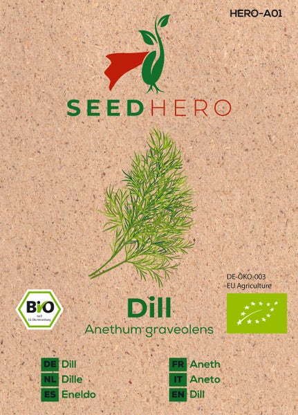 Samenpackung für Bio-Dill der Marke SeedHero mit SeedHero Logo, Dill-Abbildung und Bio-Zertifizierung.