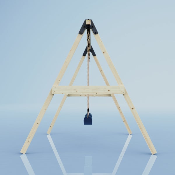 Schaukelgestell aus Holz mit Seil und Sitz, A-Form-Konstruktion für den Garten.